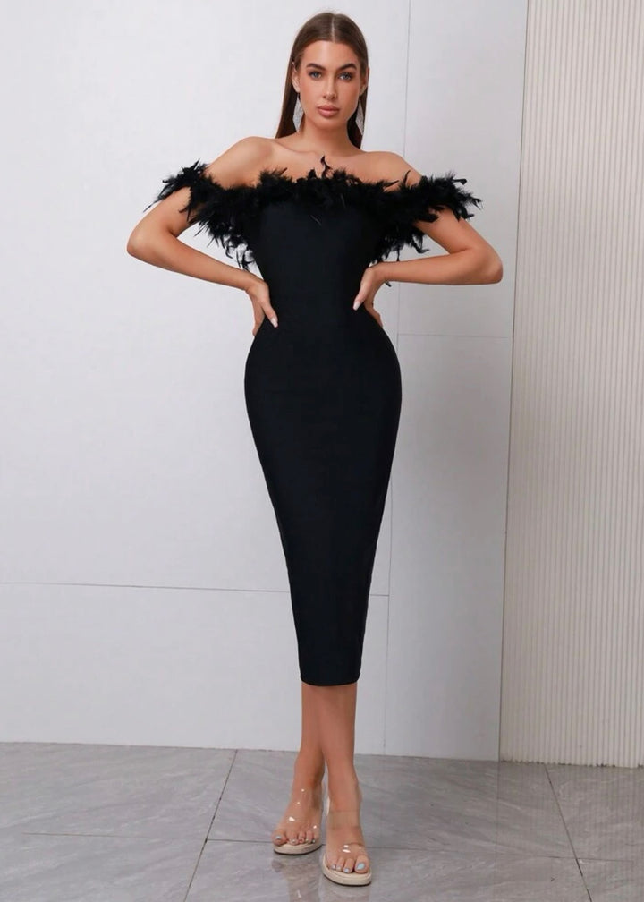 Feather Strapless Off Shoulder Bandage Midi Party Dress