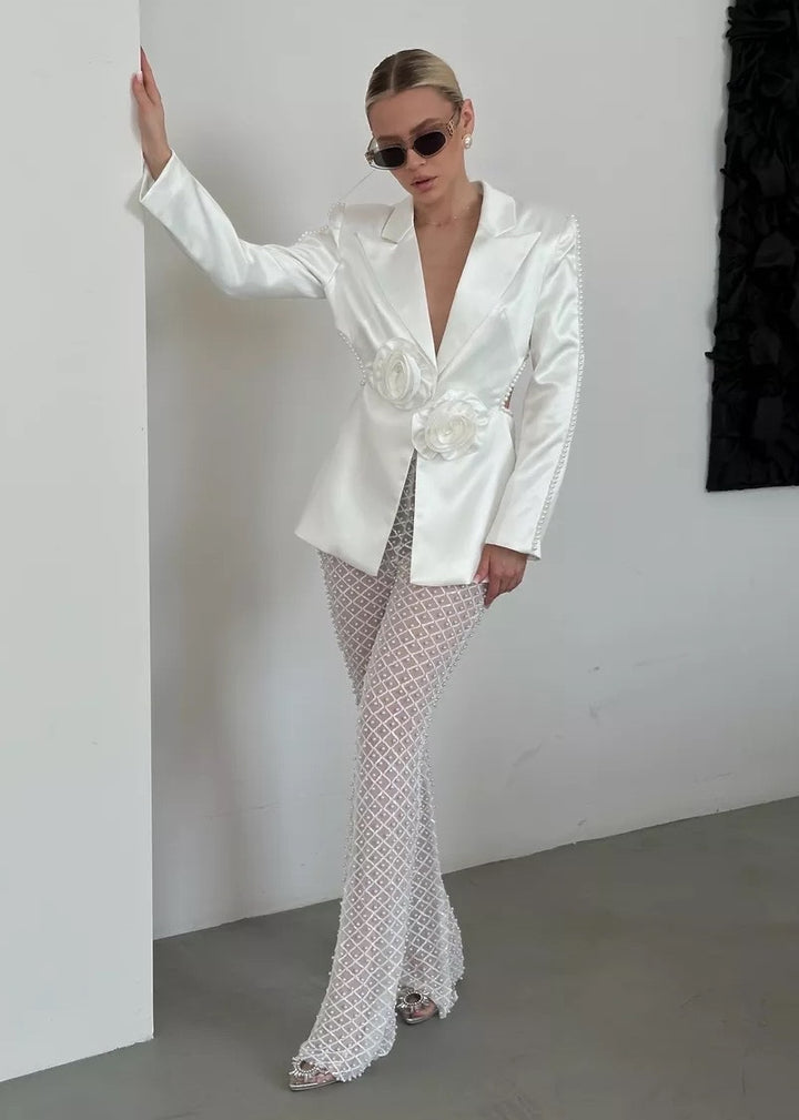 Cut-Out Satin Blazer & Pants Pearl Decor Party Set