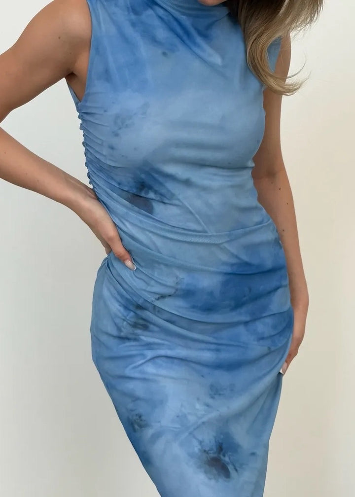 Sleeveless Maxi Dress with Ruched Sides and Tie‑Dye Print