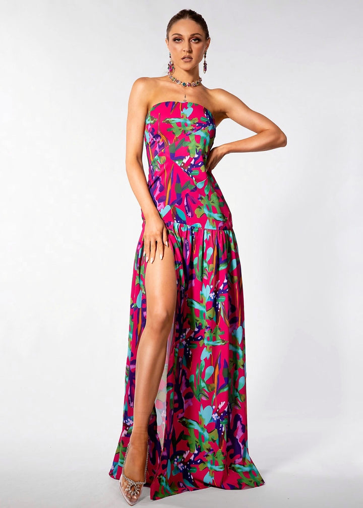 Floral Print Side Split Tube Maxi Dress