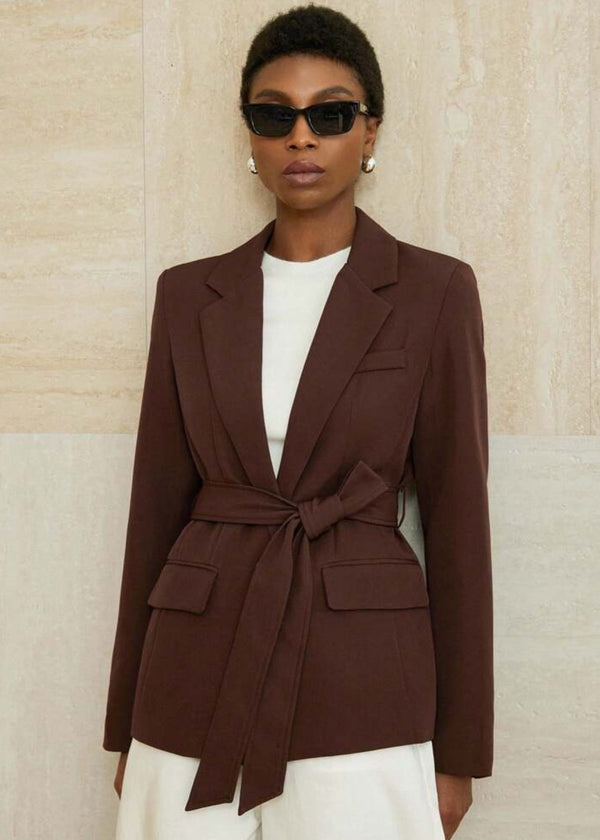 Peaked Lapel Self-Tie Belt Blazer