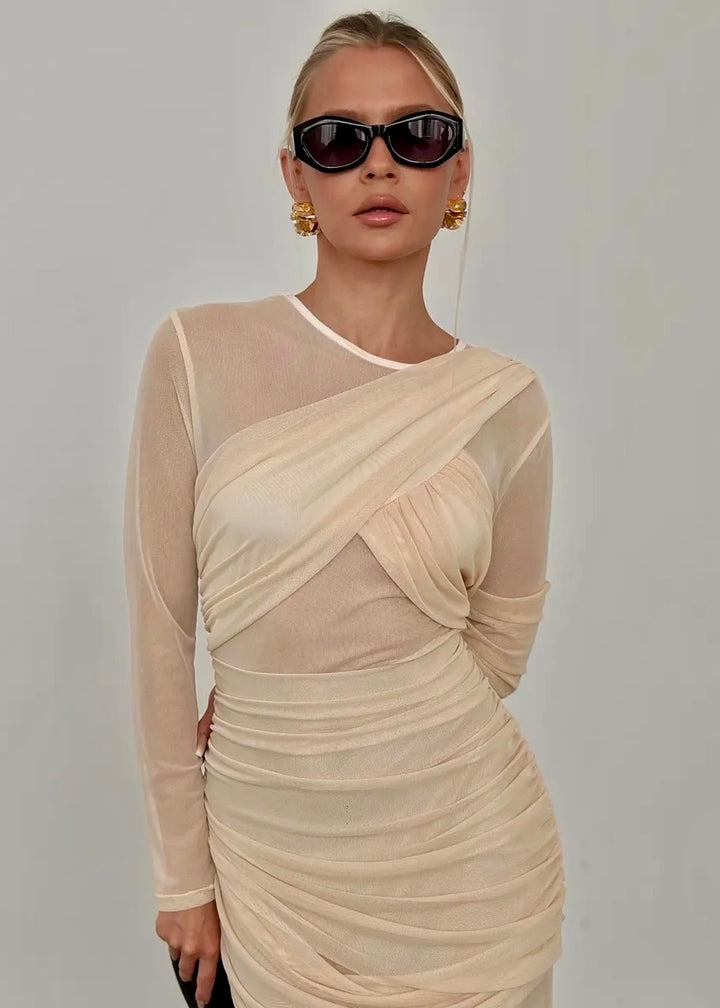 Long Sleeve Ruched Mesh Maxi Dress