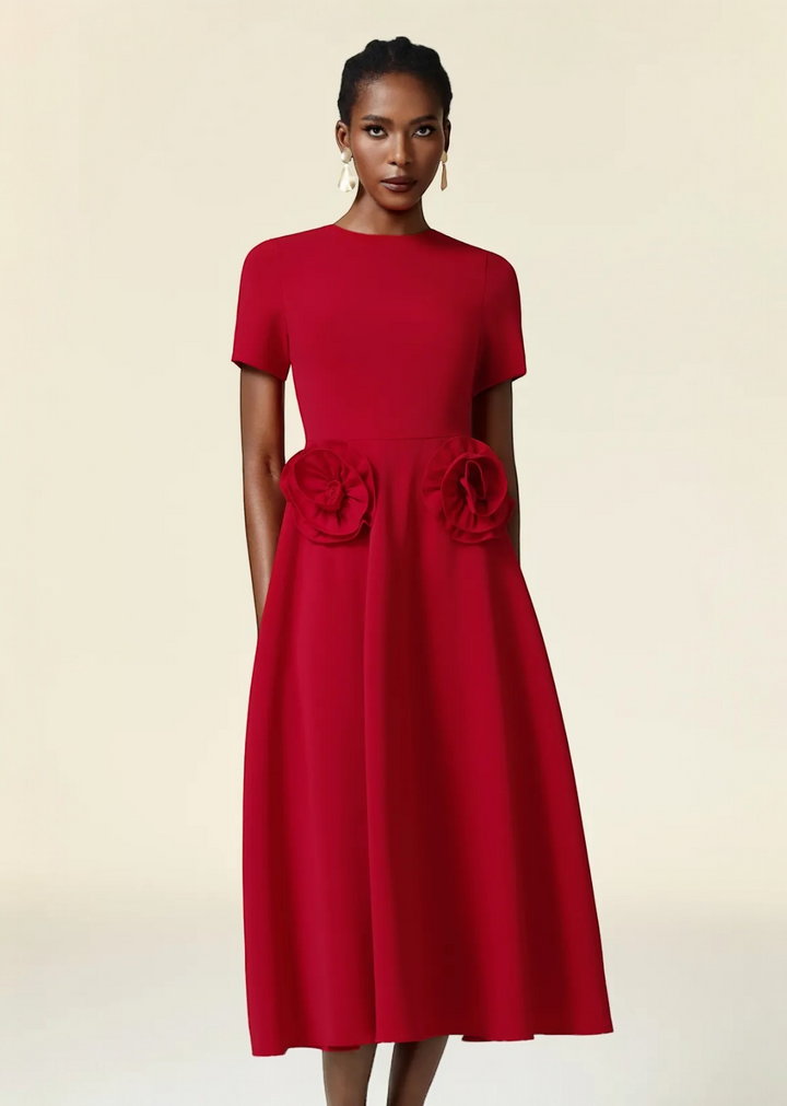 Waist Roses Short Sleeves Flared Skirt Midi Dress
