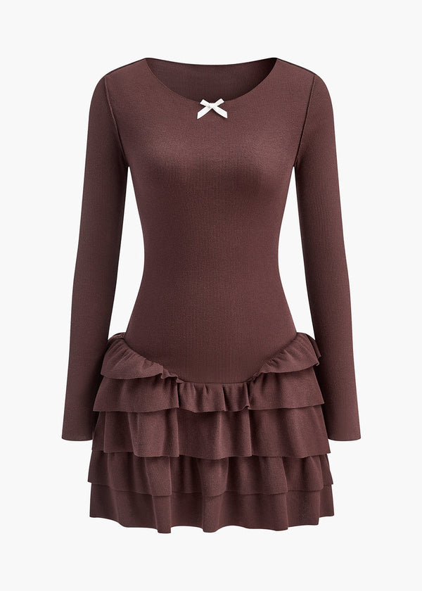 Round Neck Ruffle Slim Knit Dress