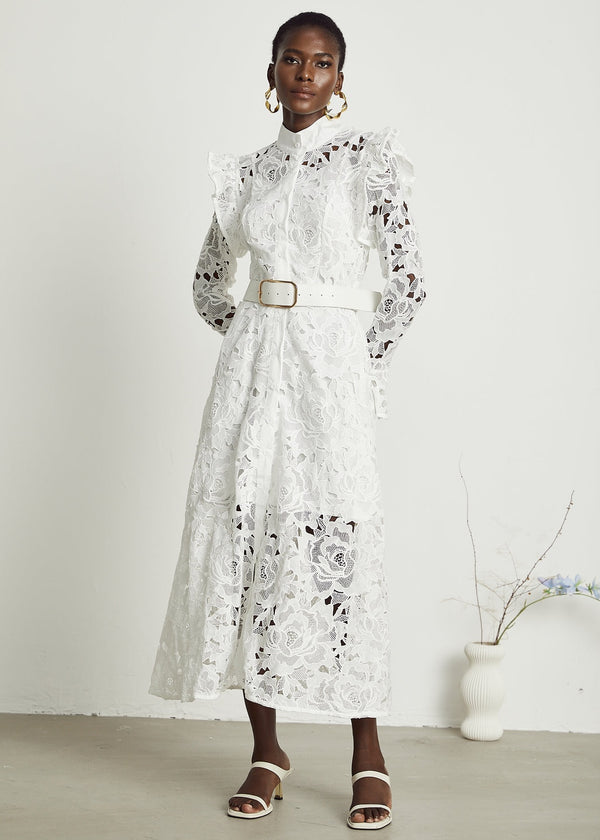 Rose Cutout Ruffle Lace Midi Dress