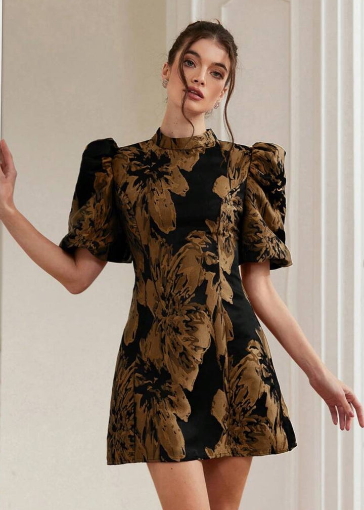 Jacquard Puff Sleeve Mock Neck Dres