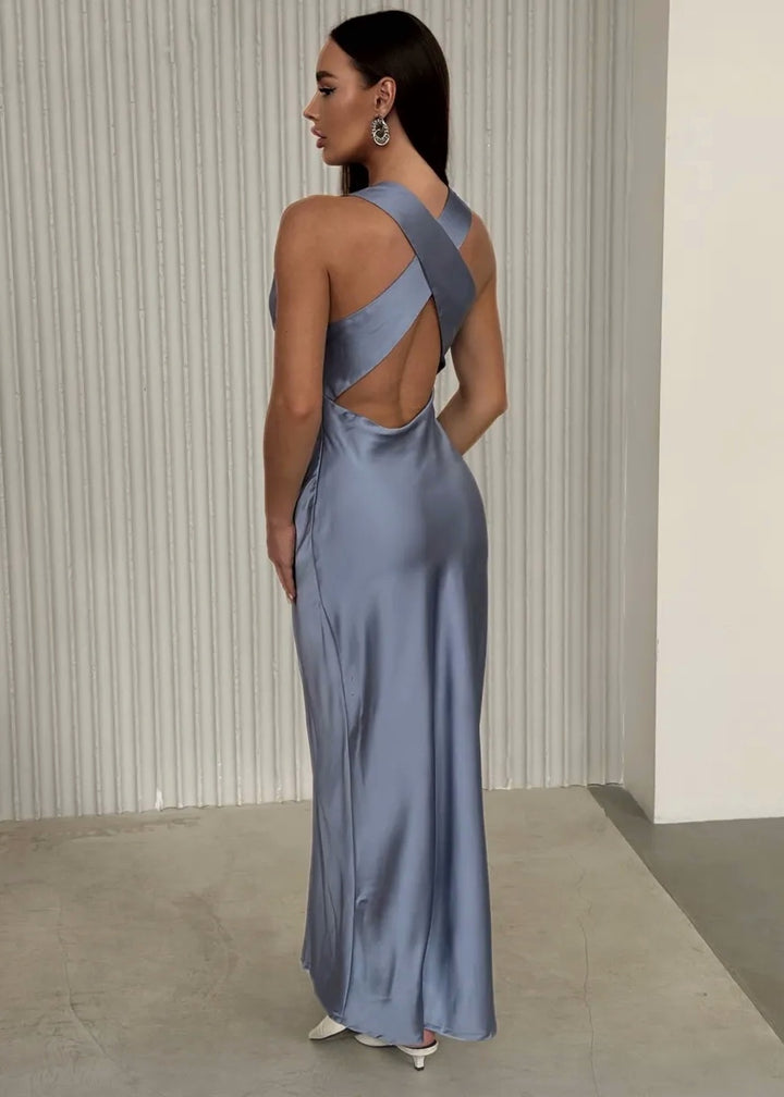 Crisscross Back V-Neck Satin Maxi Dress