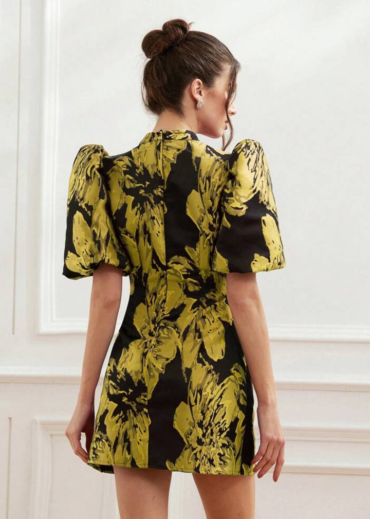 Jacquard Puff Sleeve Mock Neck Dres