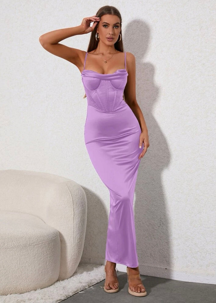 Boning Underwire Draped Collar Satin Cami Dress