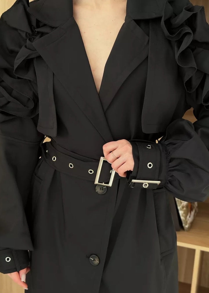 Ruffle Shoulder Trench Coat