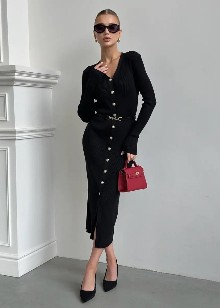 Buttoned Front Belted Knit Midi Dress