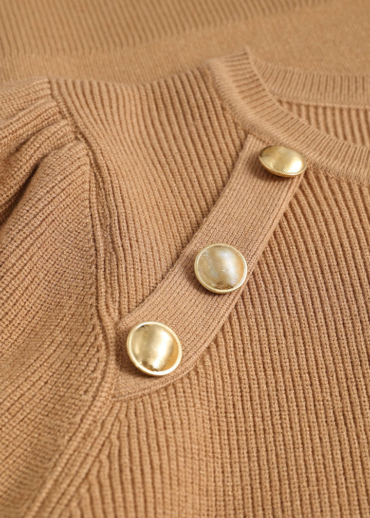 Gigot Sleeve Gold Buttons Decor Knit Top