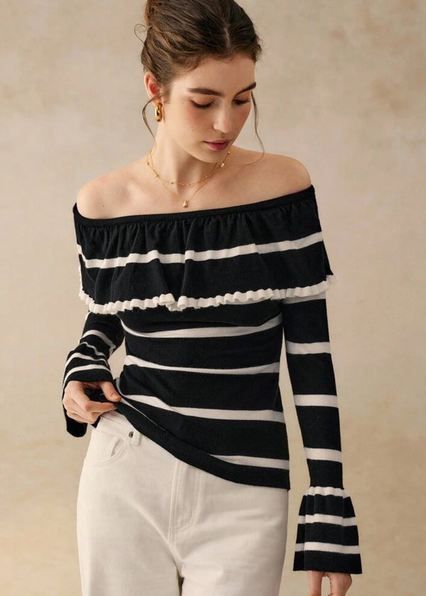 Off Shoulder Bell Sleeve Striped Top