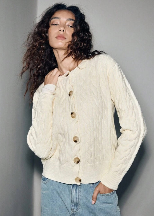 Crew Neck Cable Knit Button-Front Cardigan