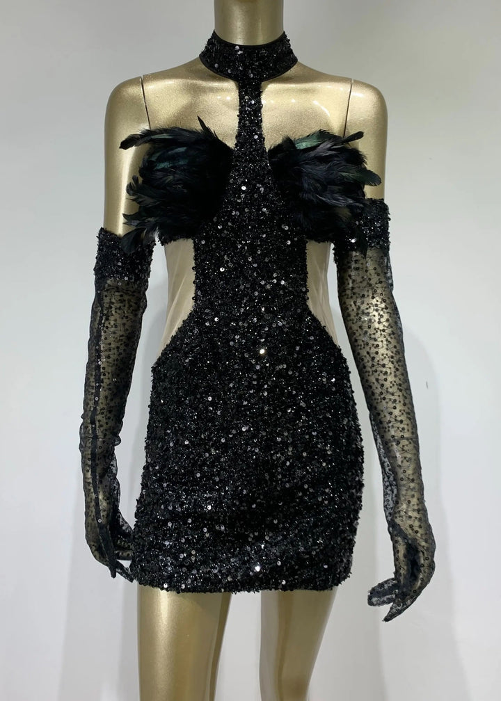 Effie Feather Decor Sequined Dress