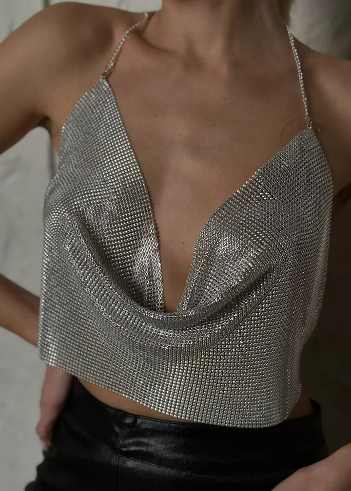 Draped Collar Backless Crop Metallic Halter Top