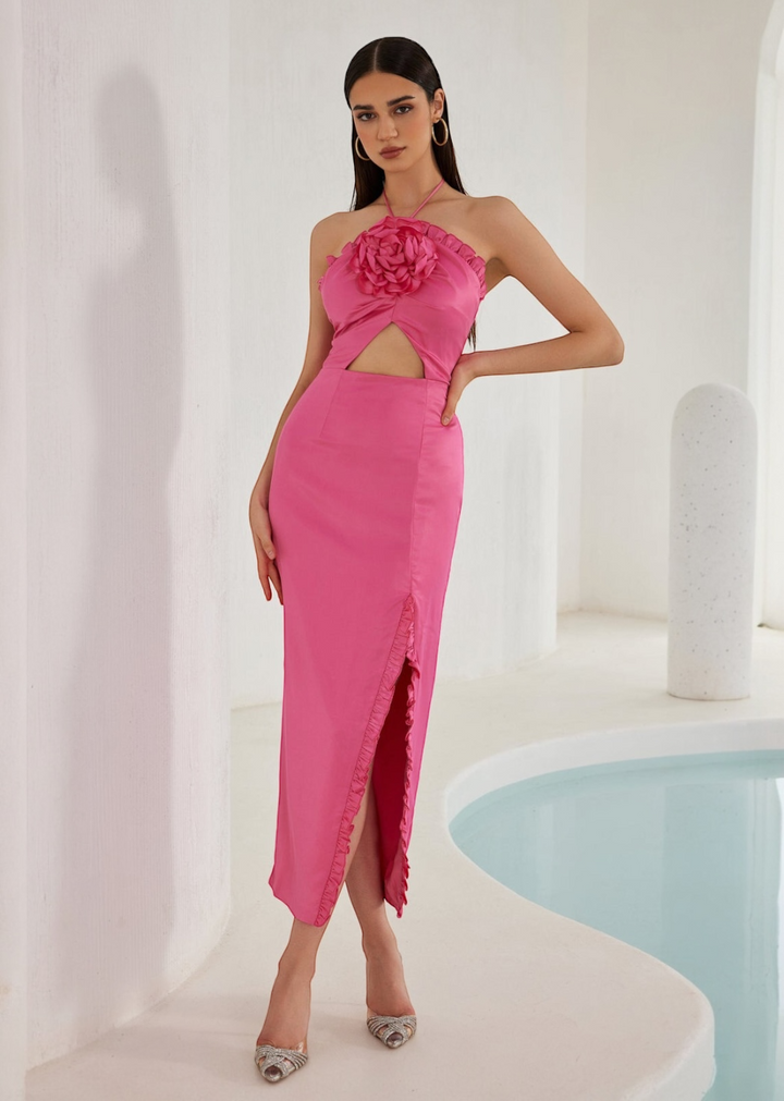 Ruffled Halter Neck Cutout Midi Dress