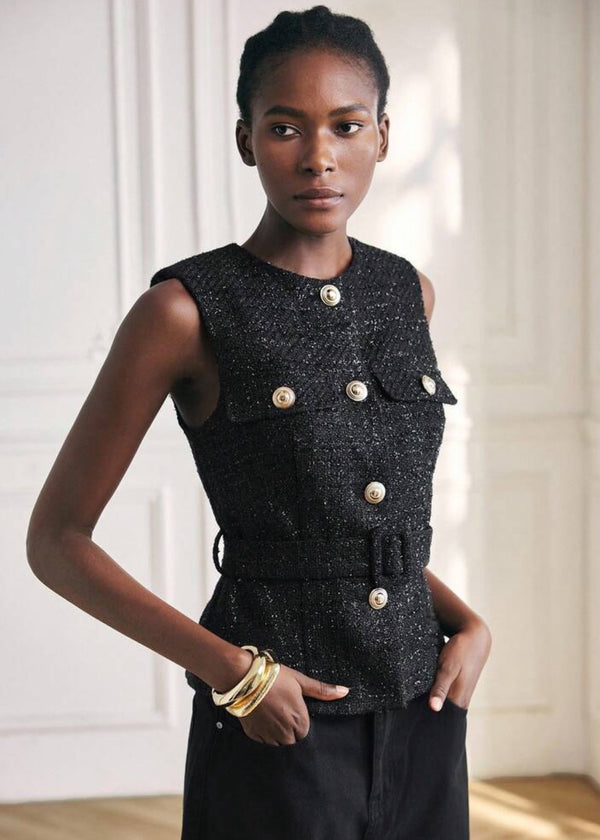 Round Neck Sleeveless Belted Button Vest