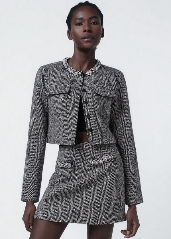 Tweed Jacket & Skirt Set with Beaded Details