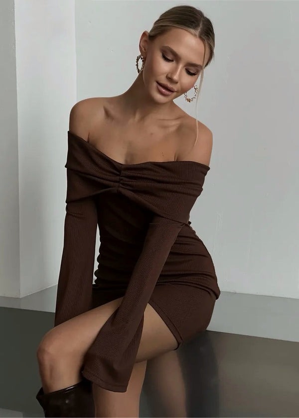 Off-Shoulder Ruched Long Sleeve Mini Dress