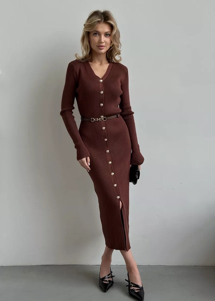 Buttoned Front Belted Knit Midi Dress