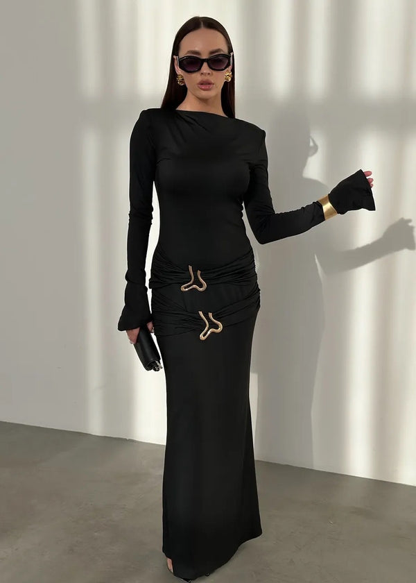 Boat Neck Long Sleeve Ruched Maxi Dress