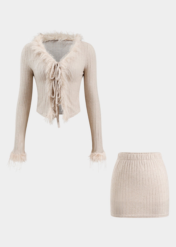 Faux Fur Trim Long Sleeve Top & Mini Skirt Knitted Set