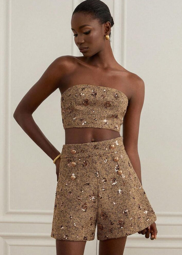 Strapless Crop Top High Waisted Shorts Suit