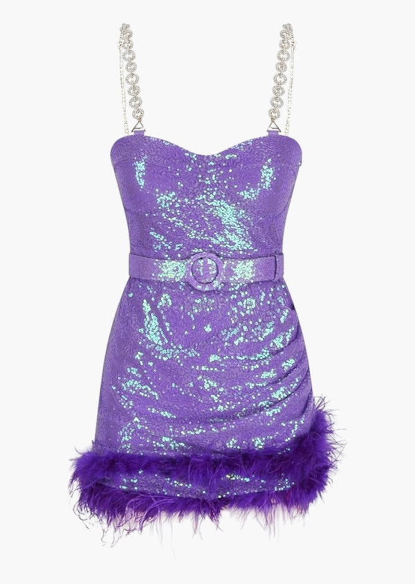 Fuzzy Trim Belt Decor Sequined Mini Dress