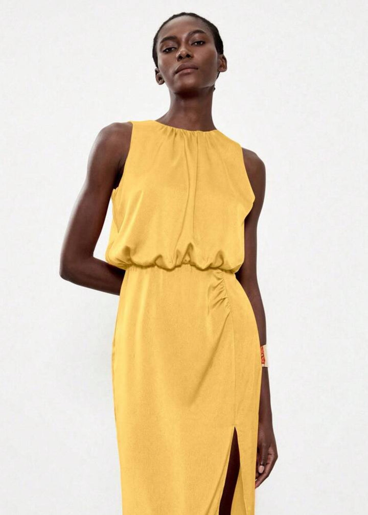 Sleeveless Side Slit Ruched Midi Dress