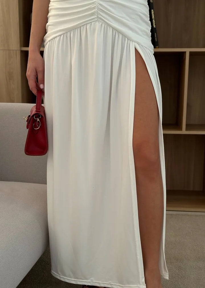 V-Neck Halter Backless Ruched Maxi Dress