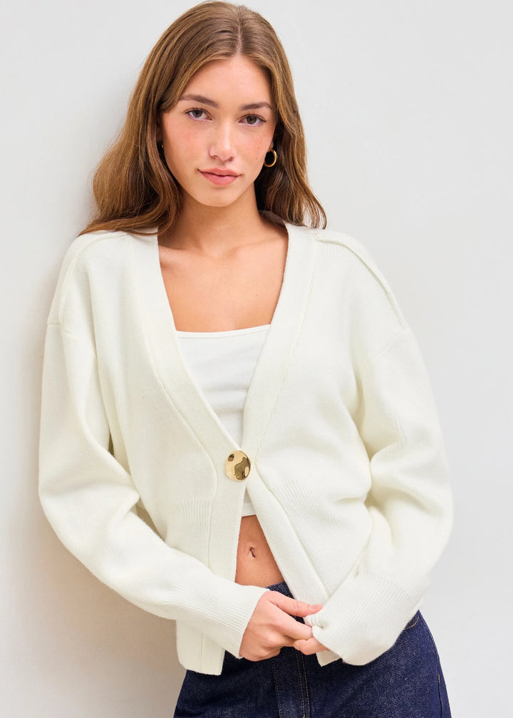 V-Neck Gold Button Rib Knit Cardigan