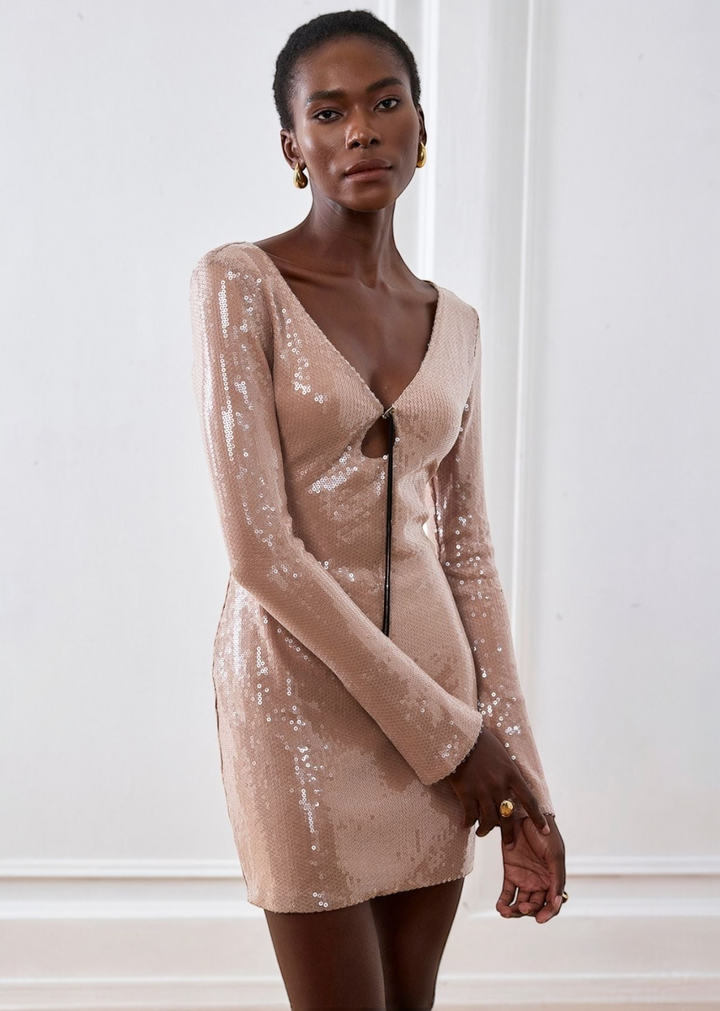 Lace-Up Neckline Long Sleeve Sequin Dress