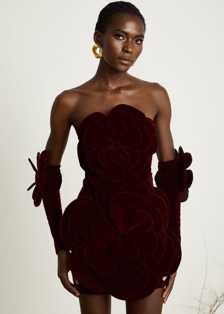 Velvet Floral Bustier Mini Gown with Gloves