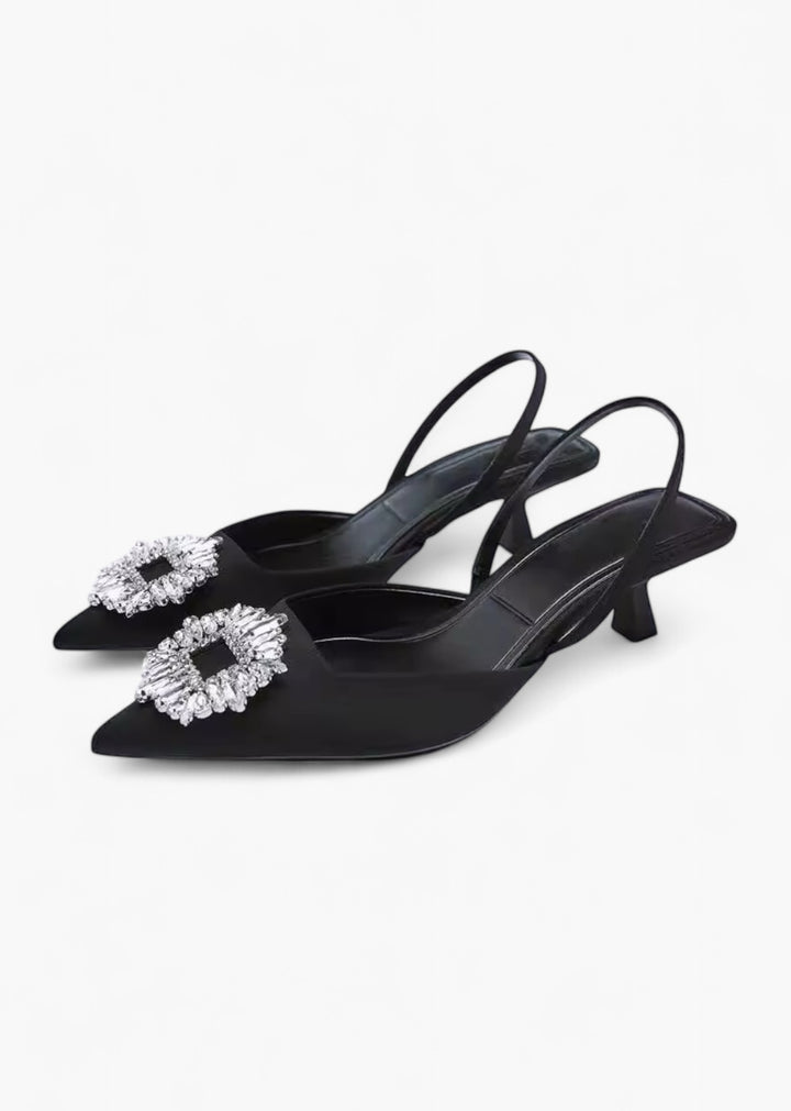 Crystal Buckle Pointed Toe Matte Low Heel Pumps