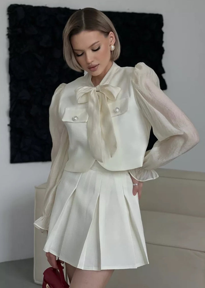 Bowknot Detail Puff Sleeve Blouse & Pleated Skirt Suit