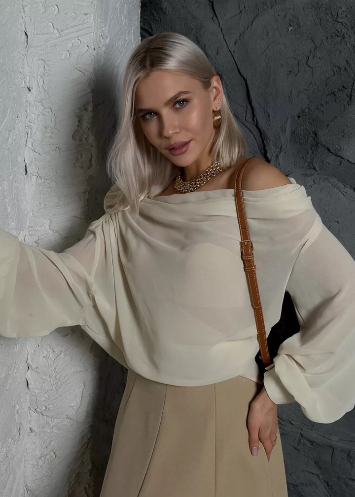 One-Shoulder Long Sleeve Chiffon Blouse