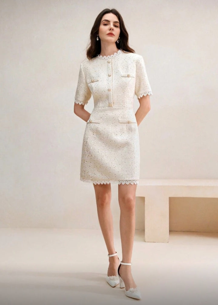 Tweed Button Front Lace Trim Mini Dress
