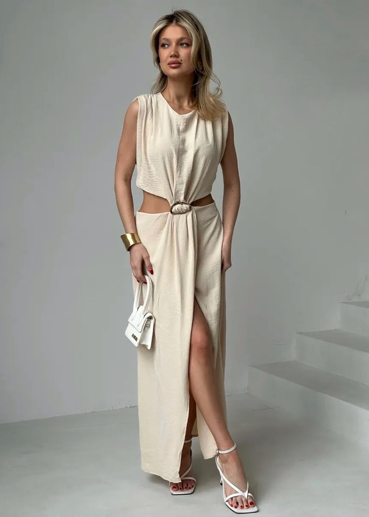 Buckle Detail Cutout Sleeveless Maxi Dress