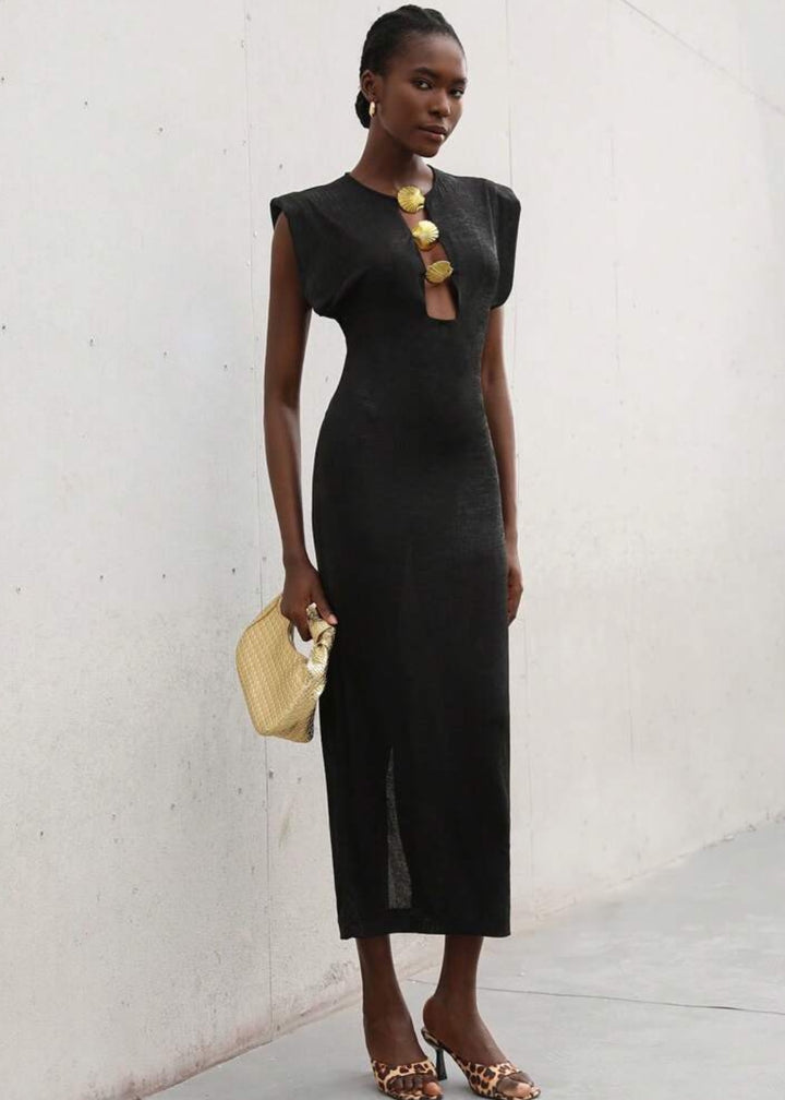 Seashell Button Maxi Shoulder Pad Dress