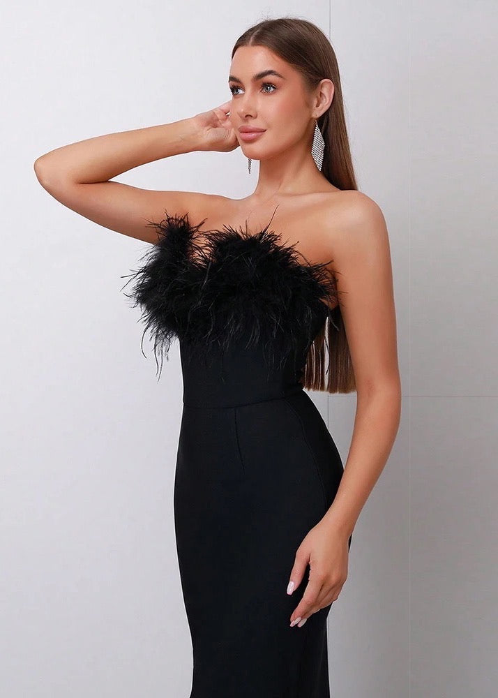 Fuzzy Trim Split Back Tube Bodycon Bandage Dress