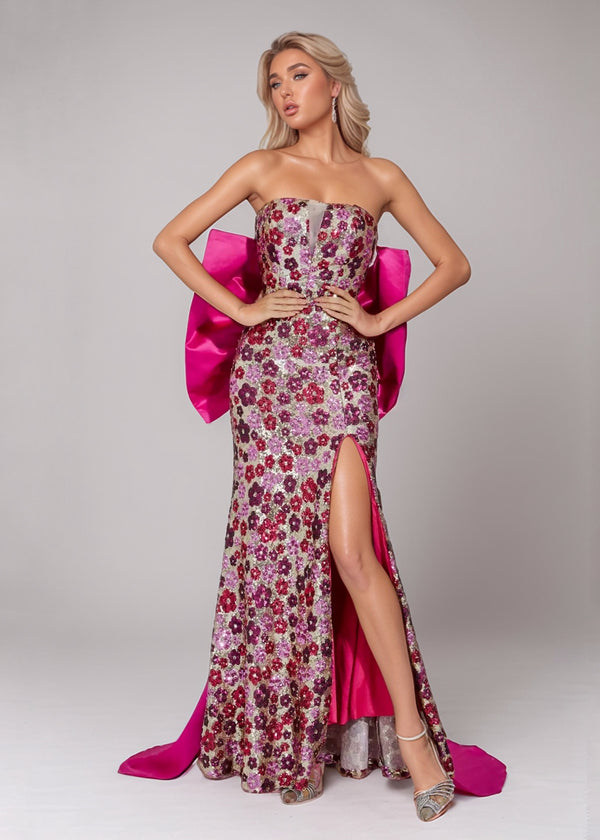 Orlanda Floral Sequined Tube Maxi Dress With Big Bow