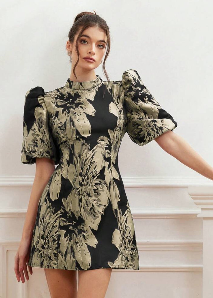 Jacquard Puff Sleeve Mock Neck Dres
