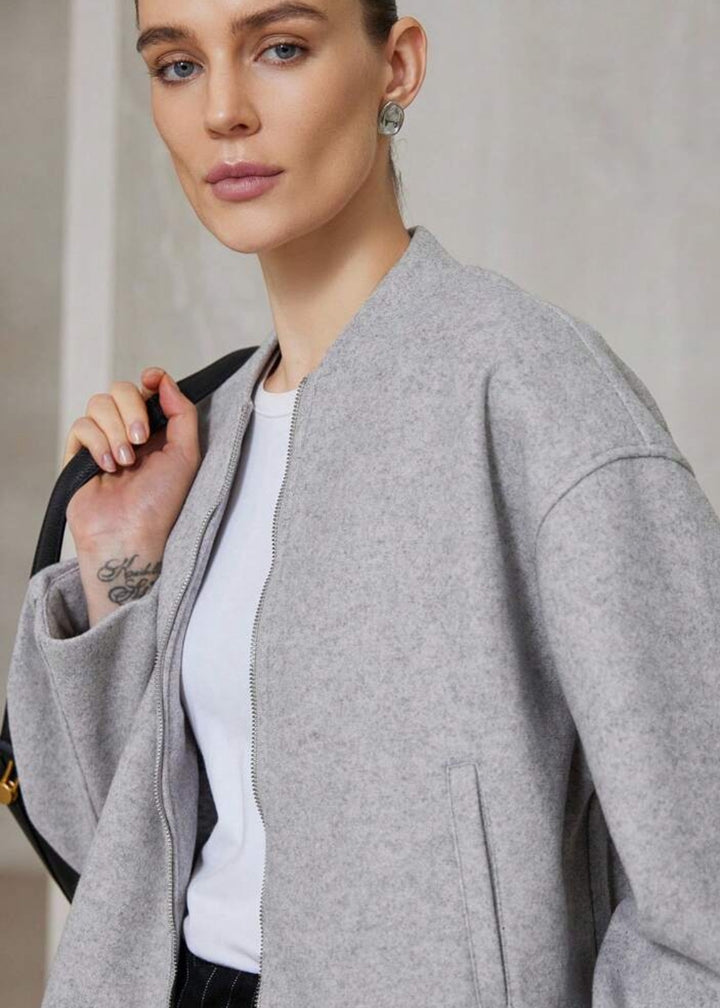 Felted Zip Front Cropped Bomber Jacket