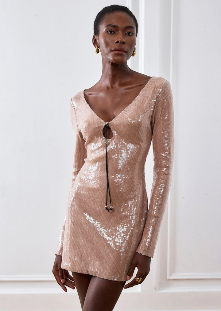 Lace-Up Neckline Long Sleeve Sequin Dress