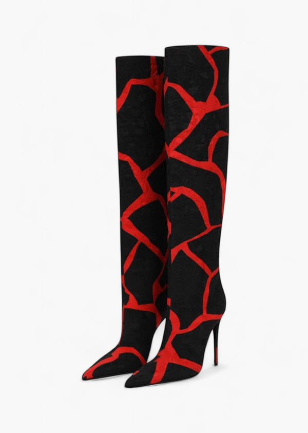 Geometric Pattern Pointed Toe Knee-Length Boots