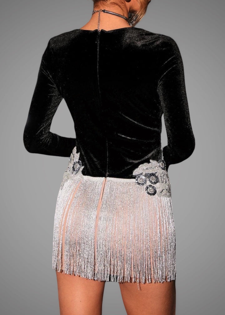 Luxury Long Sleeve Mesh Tassel Mini Velvet Dress