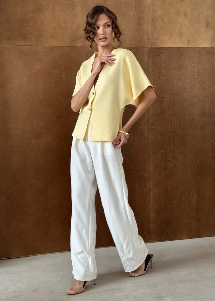 Button-Front V-Neck Loose-Fitting Top