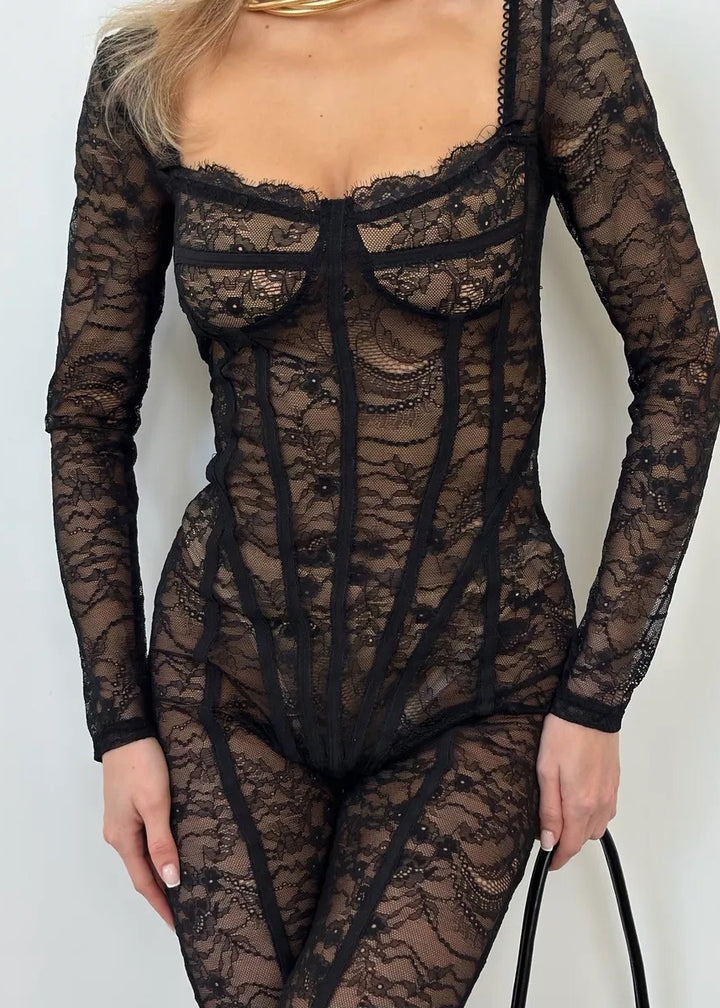 Floral Lace Long Sleeved Catwalk Jumpsuit