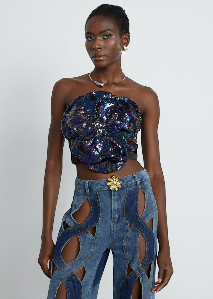 Strapless Sequins Flower Bodice Crop Top